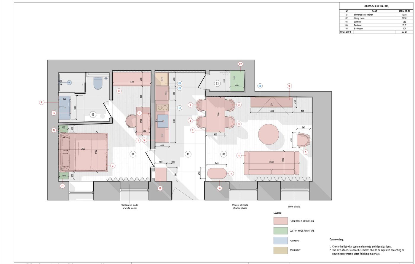 Bútorozott alaprajz jelölésekkel — design-terv, lakásfelújítás Budapest, 45 m²-es lakás